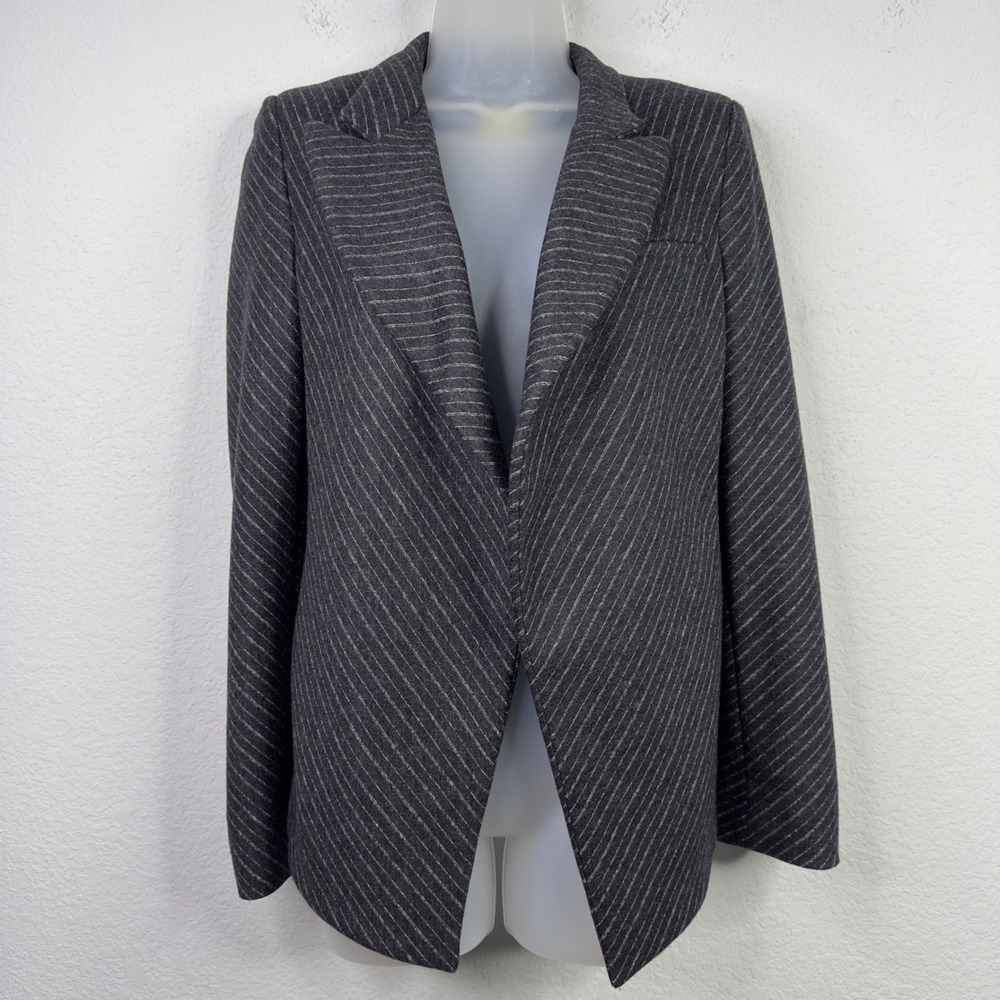 MM.LaFleur Blazer Women 0 Gray Wool Blend Pinstripe Open Front Career Minimalist